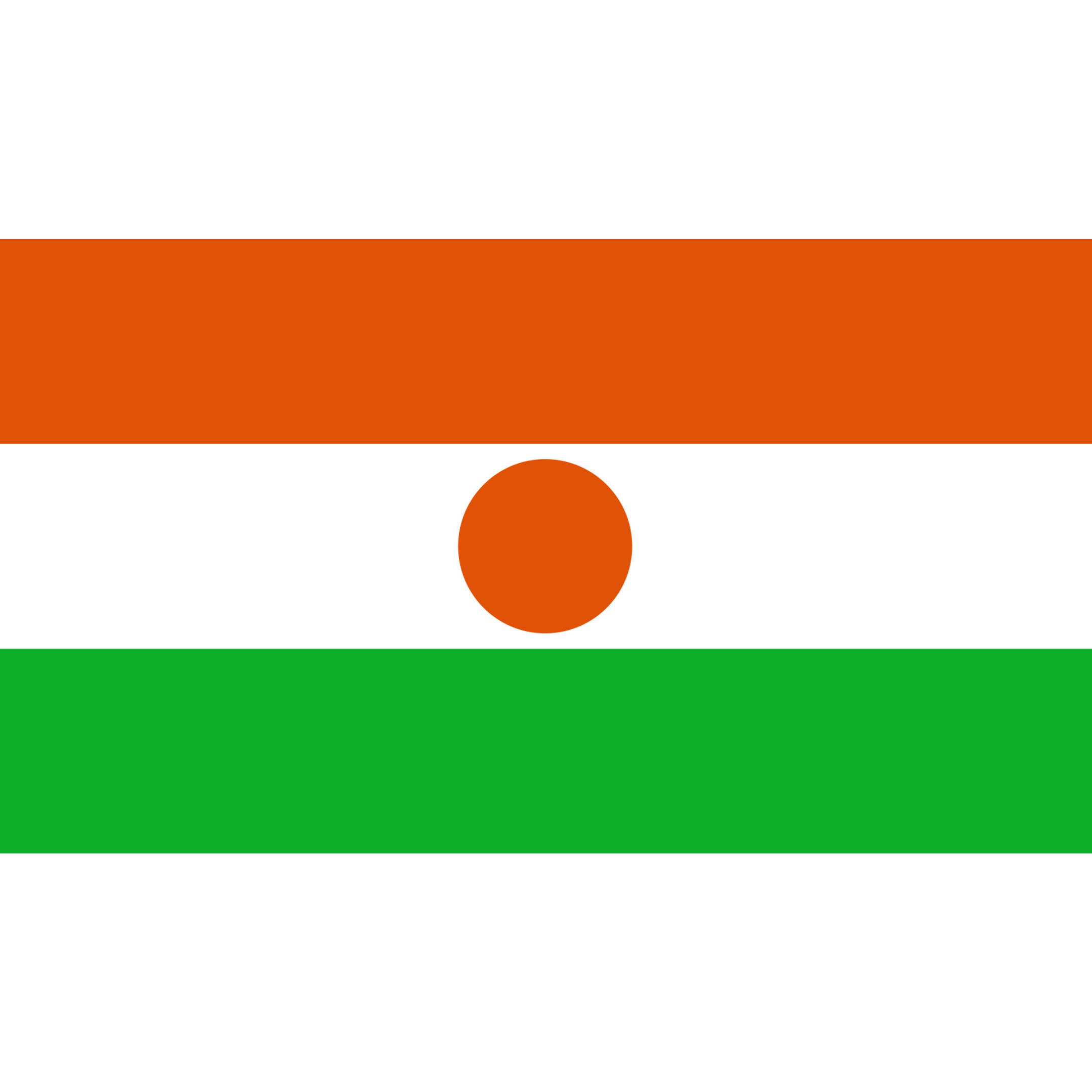 The flag of Niger has 3 horizontal bands of orange, white and green, with an orange circle in the centre.