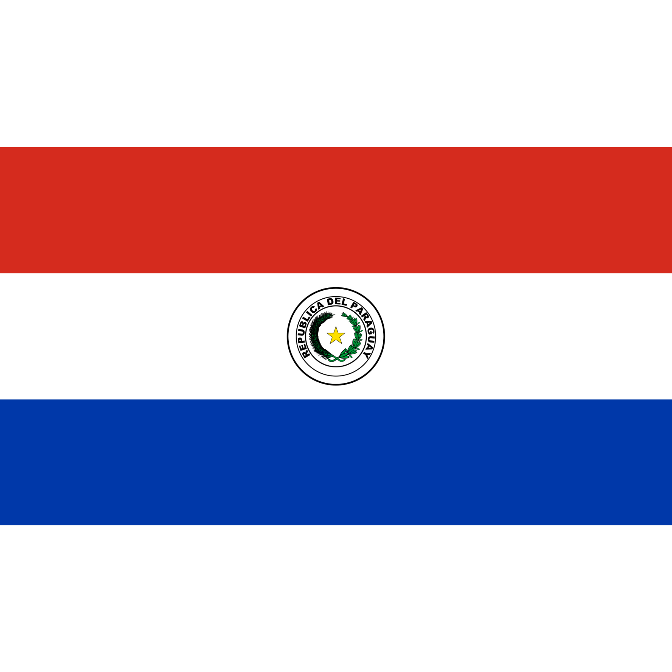 The flag of Paraguay has 3 horizontal bands in red, white and blue, with the circular coat of arms of Paraguay in the centre.