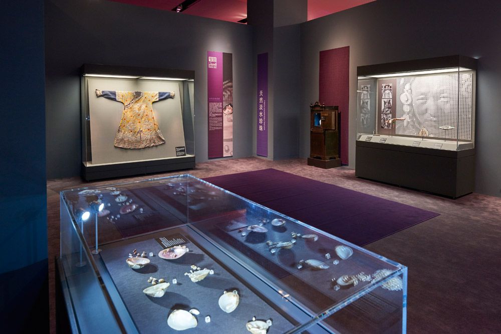 Display cabinets at the Pearls: Treasures from the Seas and the Rivers exhibition at the National Museum of China in Beijing.