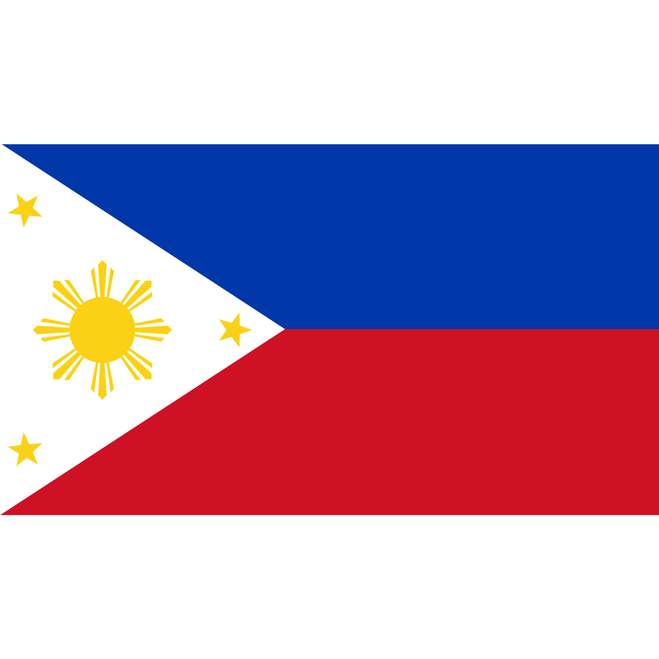 The Philippines flag has 2 equal horizontal halves in blue and red and a white triangle on the left with a golden-yellow sun.