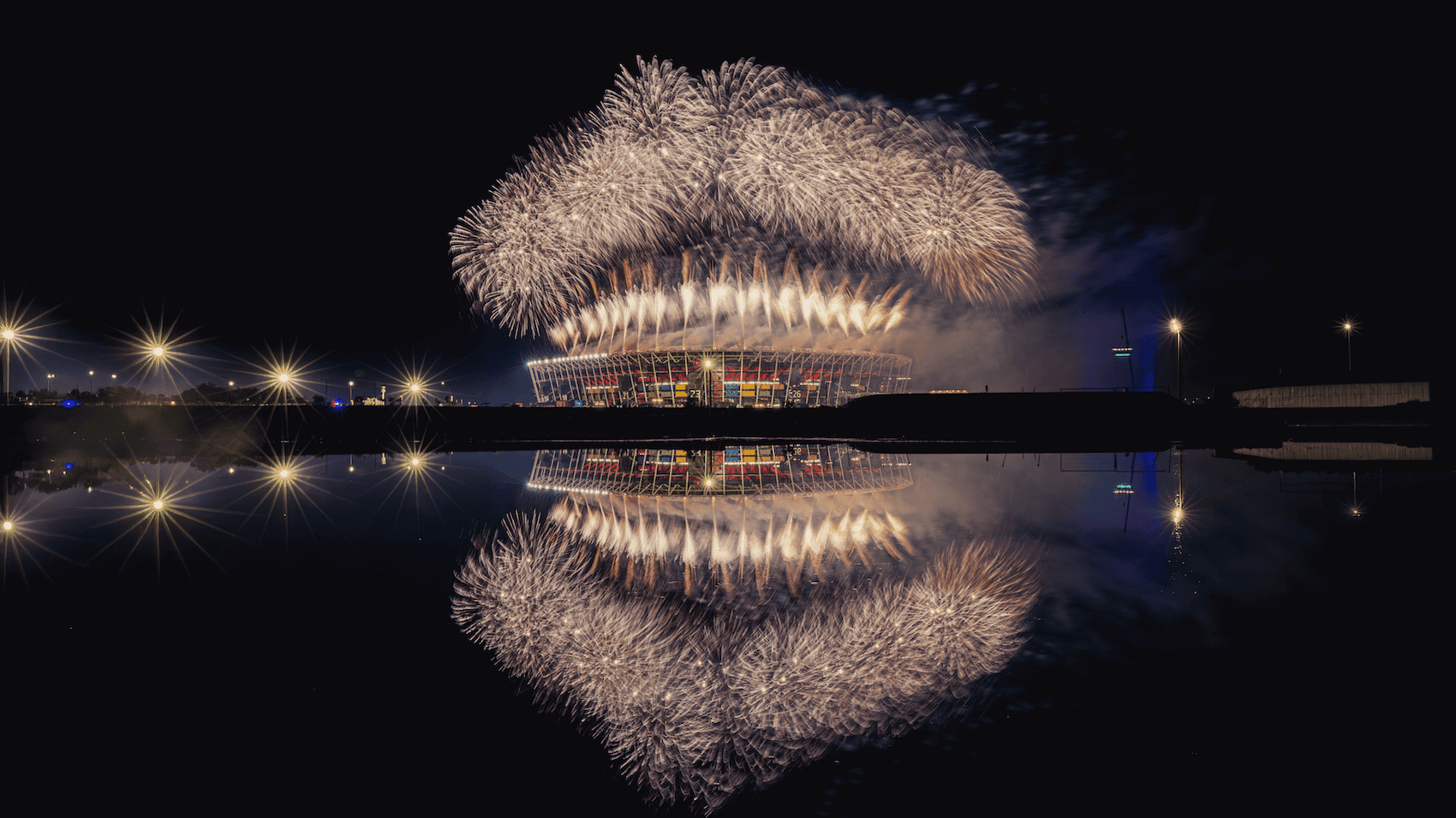Fireworks above 974 Stadium during the Qatar International Food Festival 2026