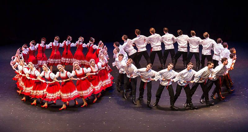 The Ilyev Ballet performs in Qatar, the dancers form two perfect circles on stage.