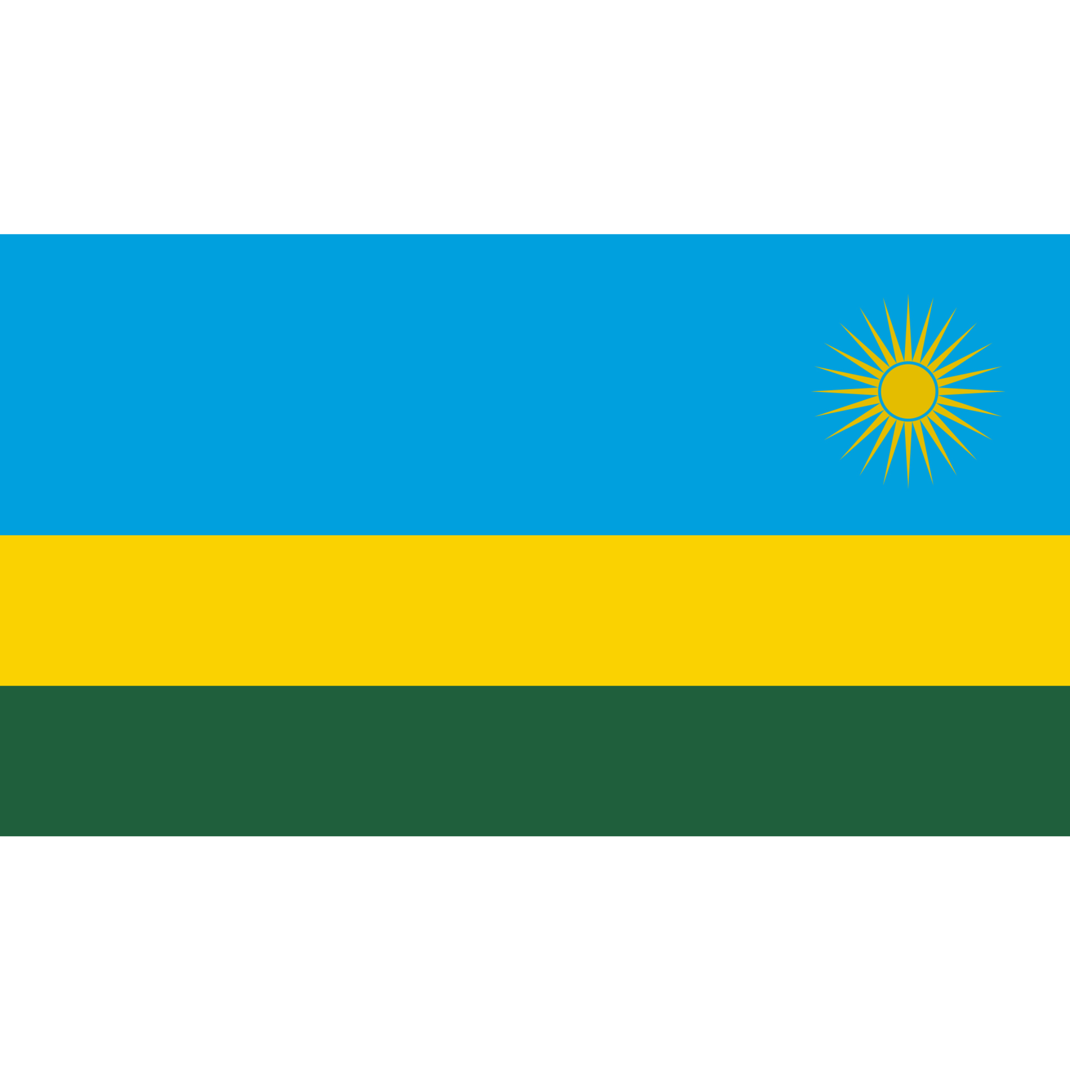 The Rwandan flag has 3 horizontal bands in blue (double width), yellow and green with a yellow sun in the upper left corner.
