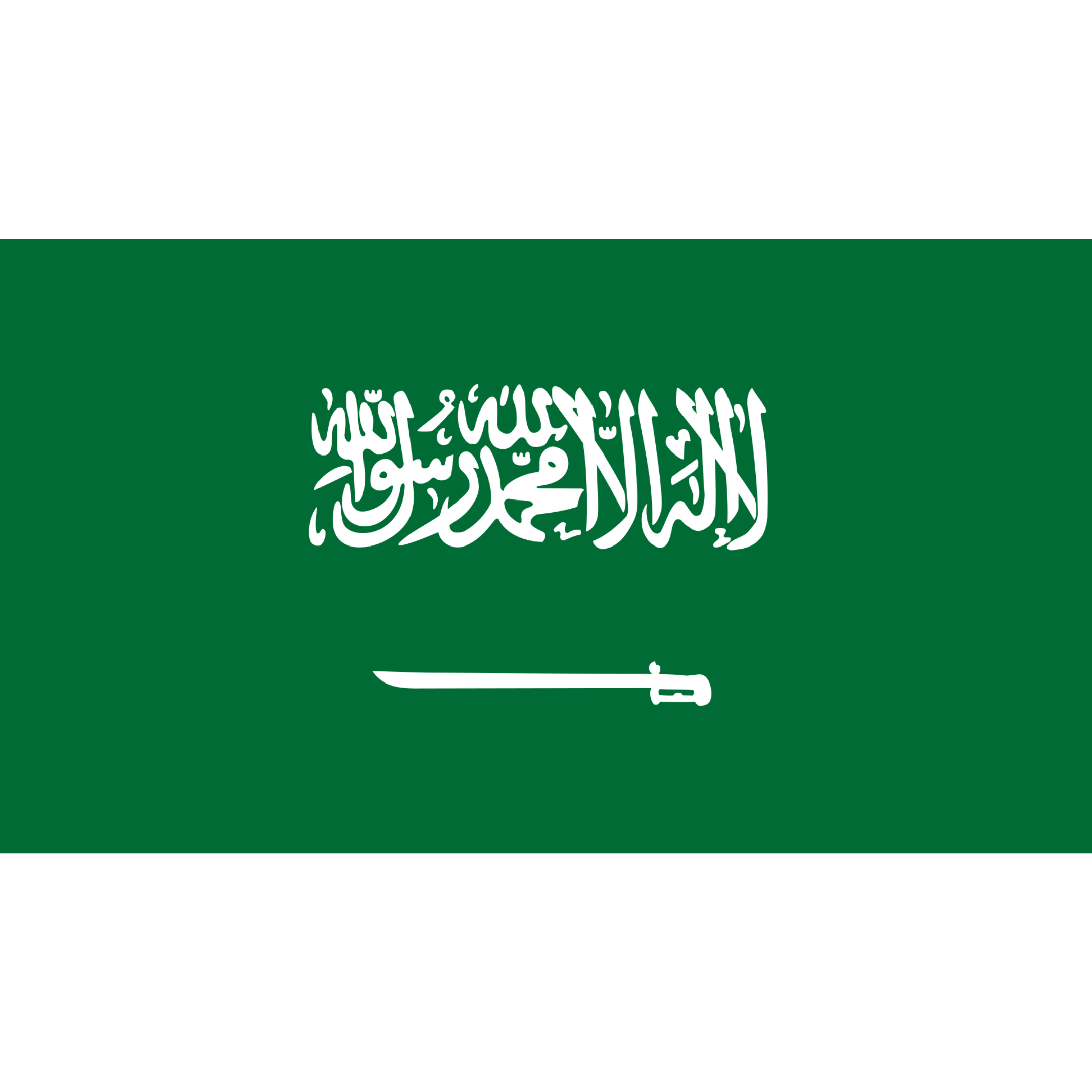 The flag of Saudi Arabia has a green background featuring an Arabic inscription above a sword in white.
