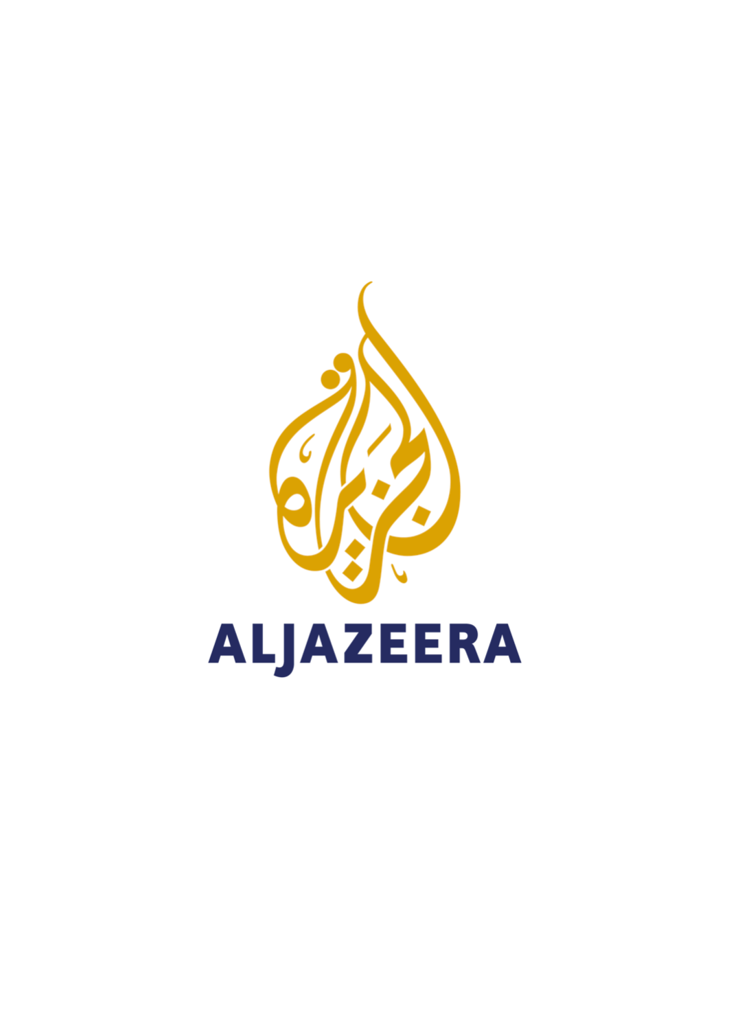 Logo of Al Jazeera, with the name drawn in Arabic in gold calligraphy above the name printed in English in blue font.