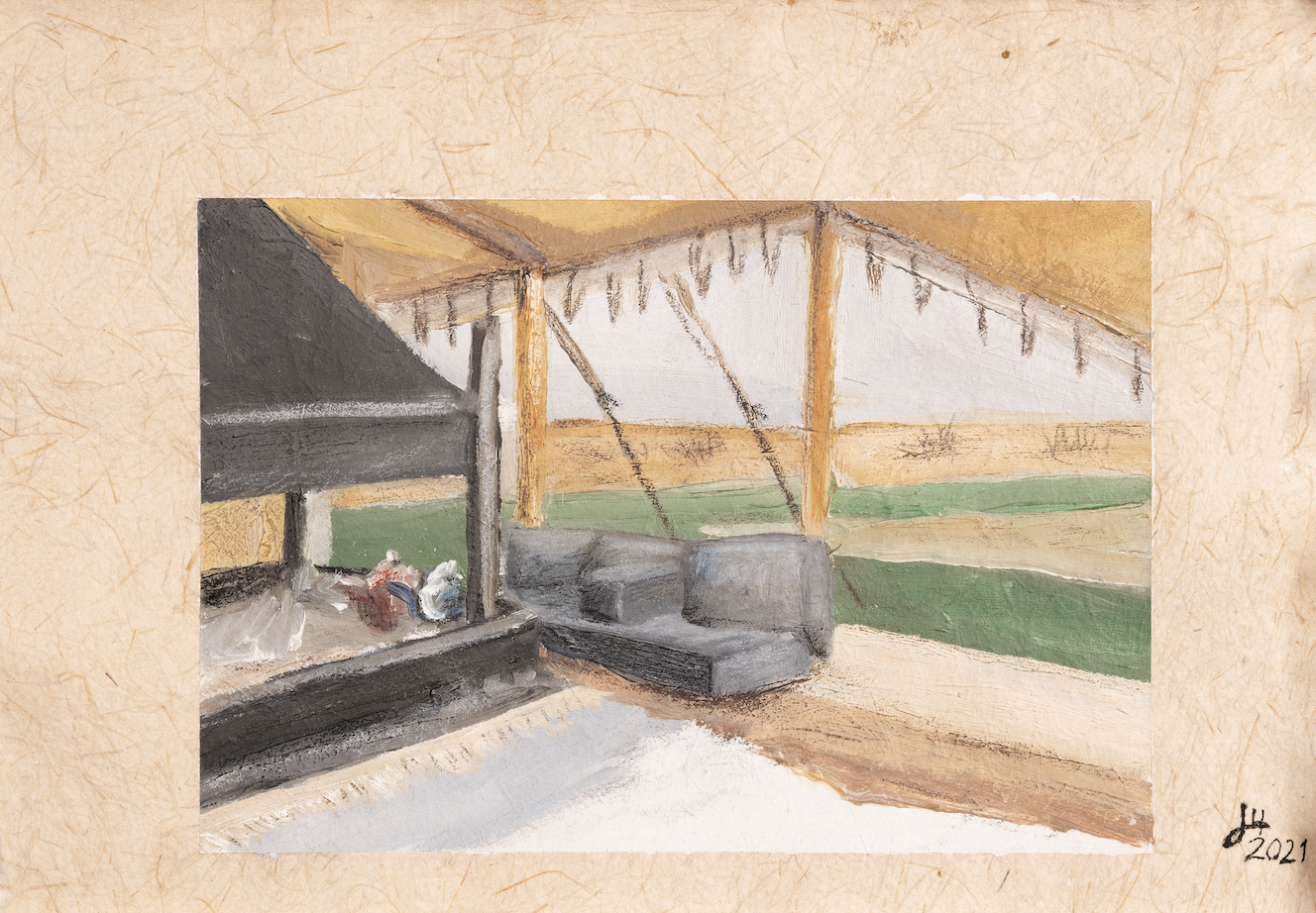 Pastel drawing of the interior of a traditional tent, framed with handmade paper.