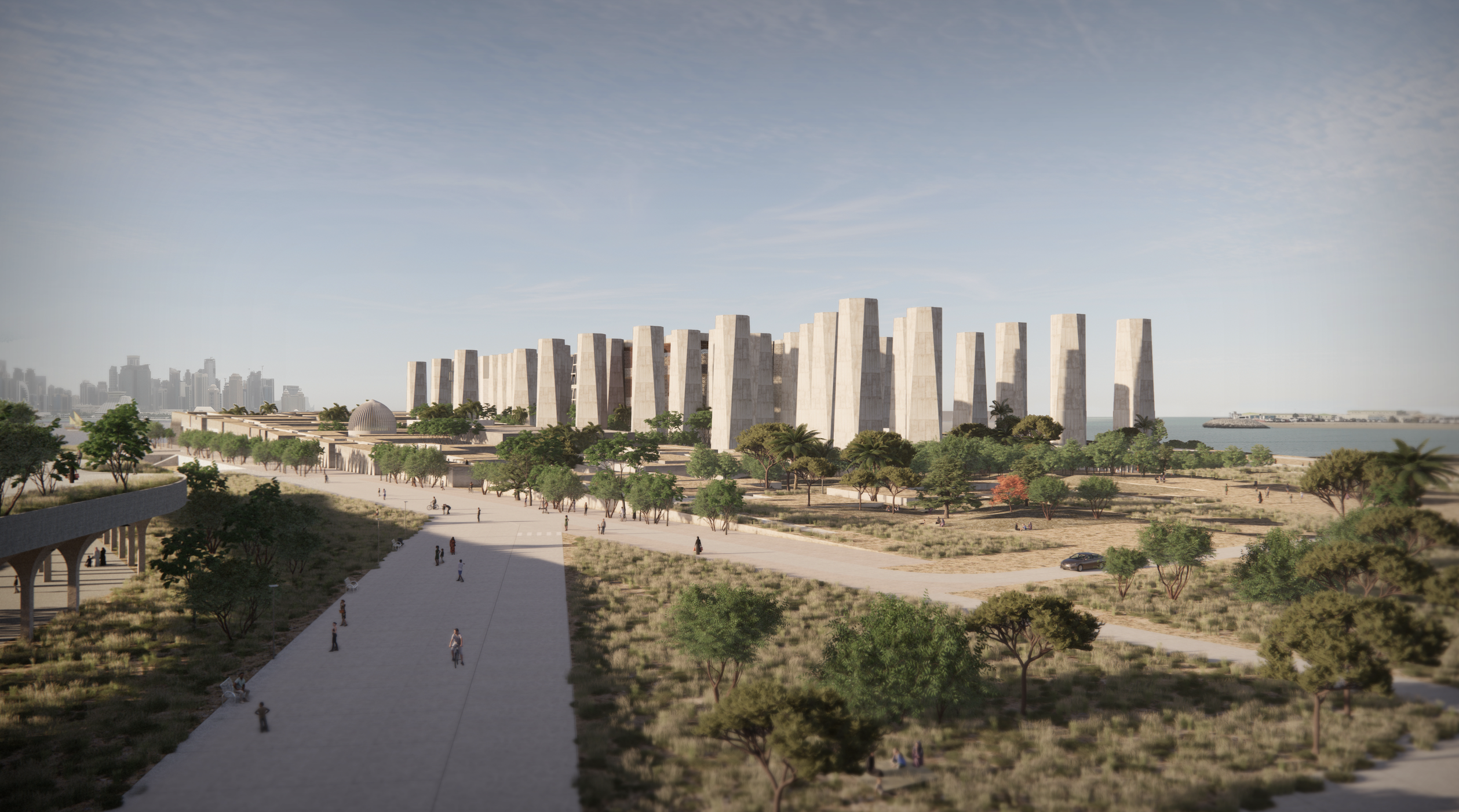 A digital render of a futuristic museum made up of stone towers, surrounded by park space with Doha Skyline behind.