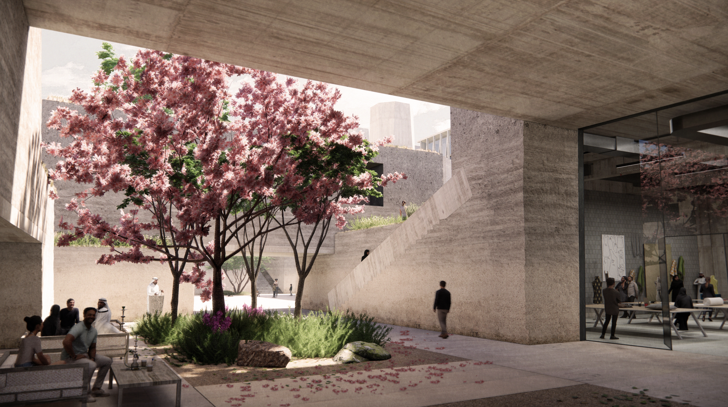 Digital render of the spaces around Qatar's Art Mill Museum, with a flowering cherry blossom tree in the centre.