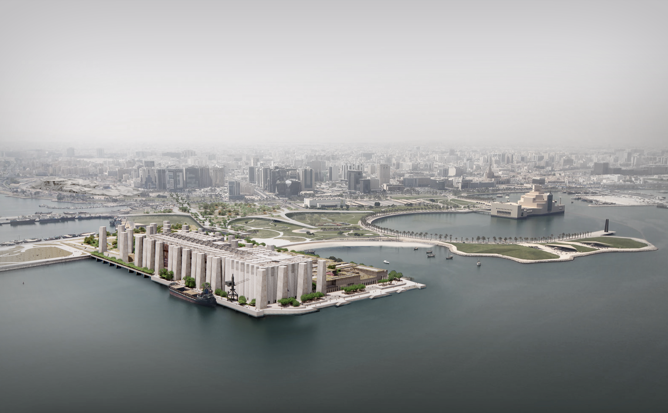 Coastline of Doha seen from above, showing the future location of Art Mill Museum by the waterfront.