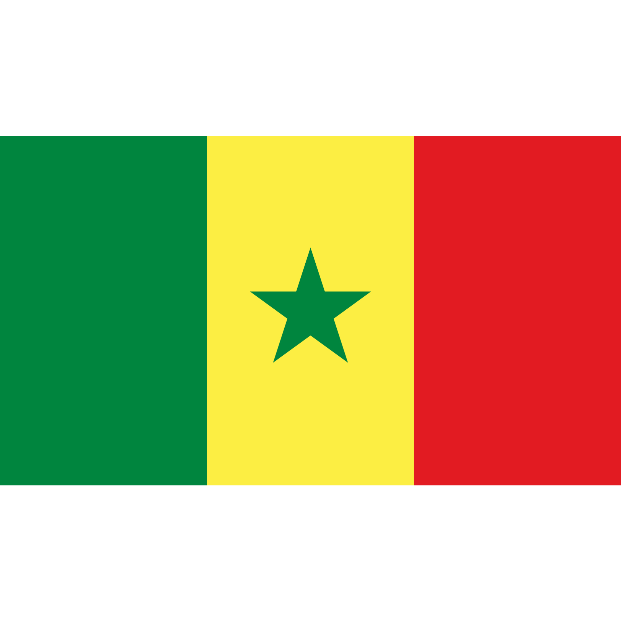 The flag of Senegal has three vertical green, yellow and red bands with a green five-pointed star in the middle band. 