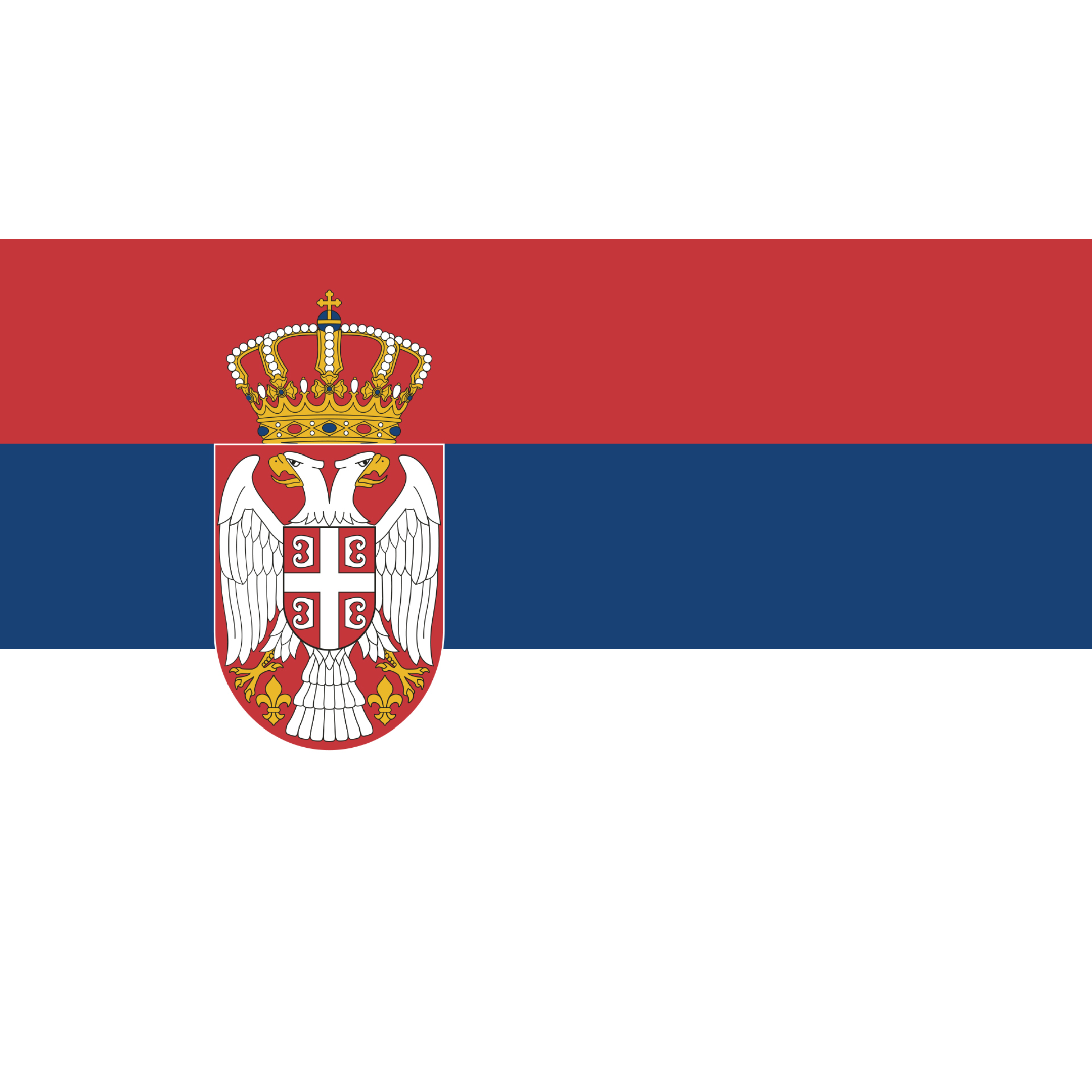 The Serbian flag has equal horizontal bands in red, blue and white (from top to bottom) with a coat of arms off centre left.