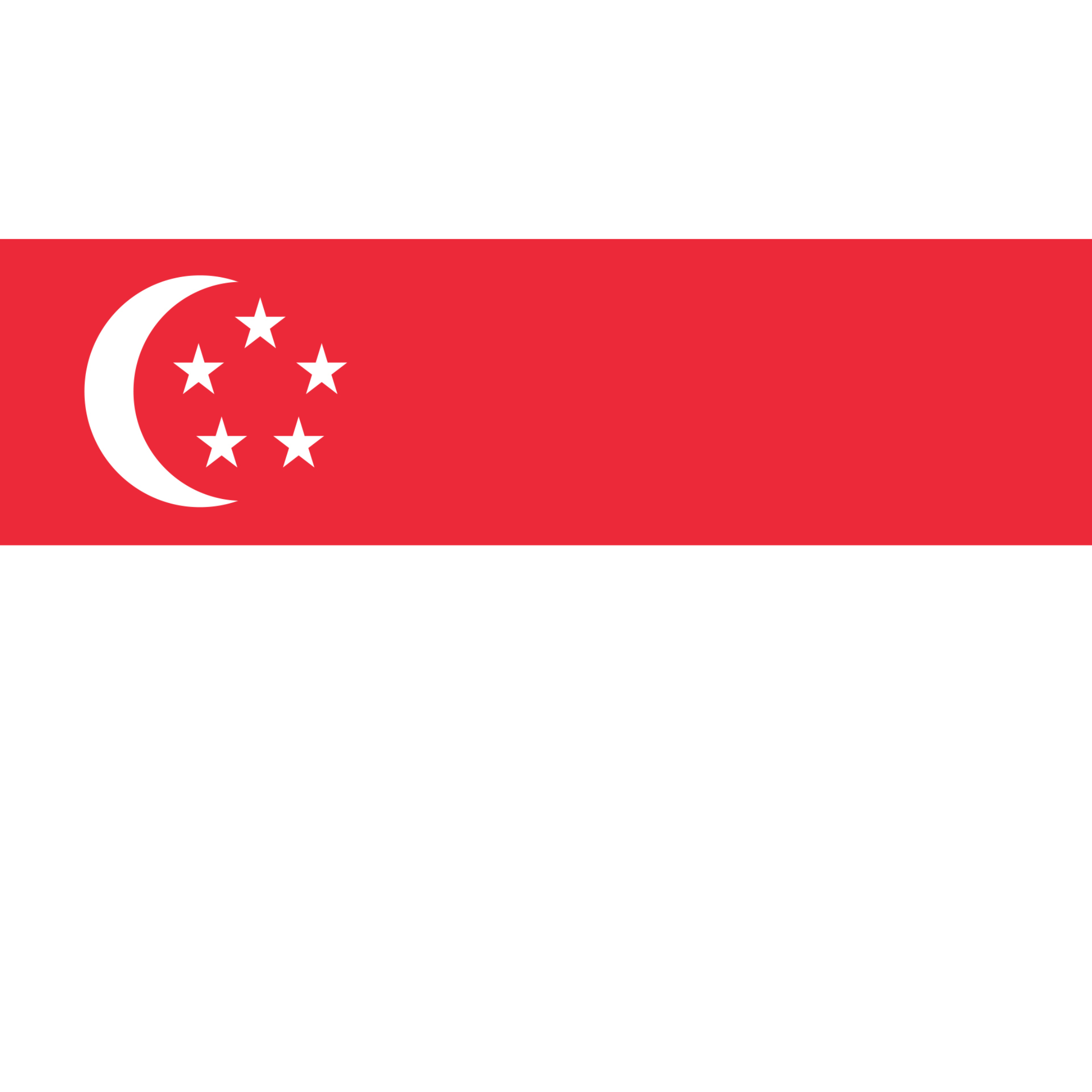 The Singapore flag has 2 horizontal red and white halves with a white crescent moon and five small white stars on the left. 