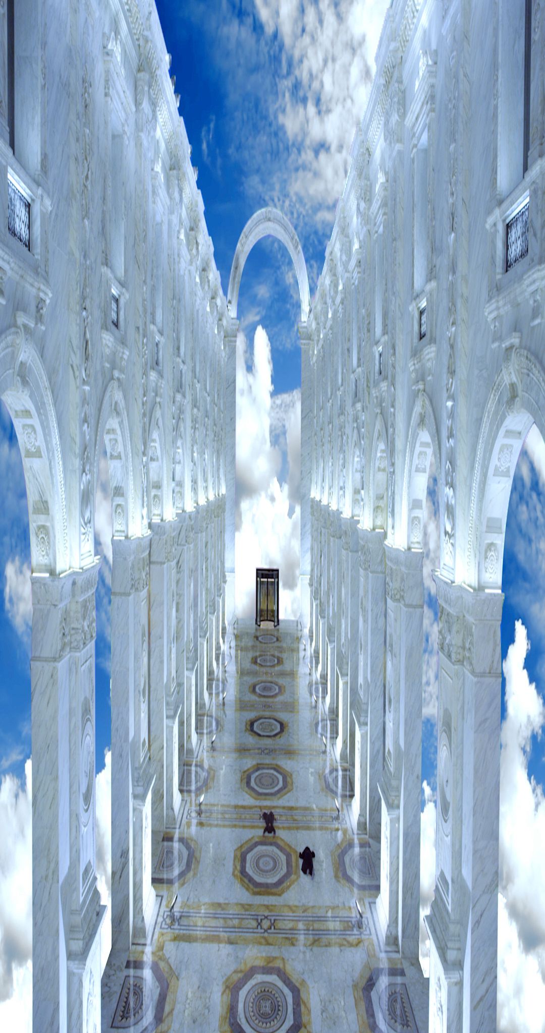 A digitally enhanced image of a shopping mall, with decorative marble flooring, large white columns and archways surrounded by a surreal blue sky and clouds.