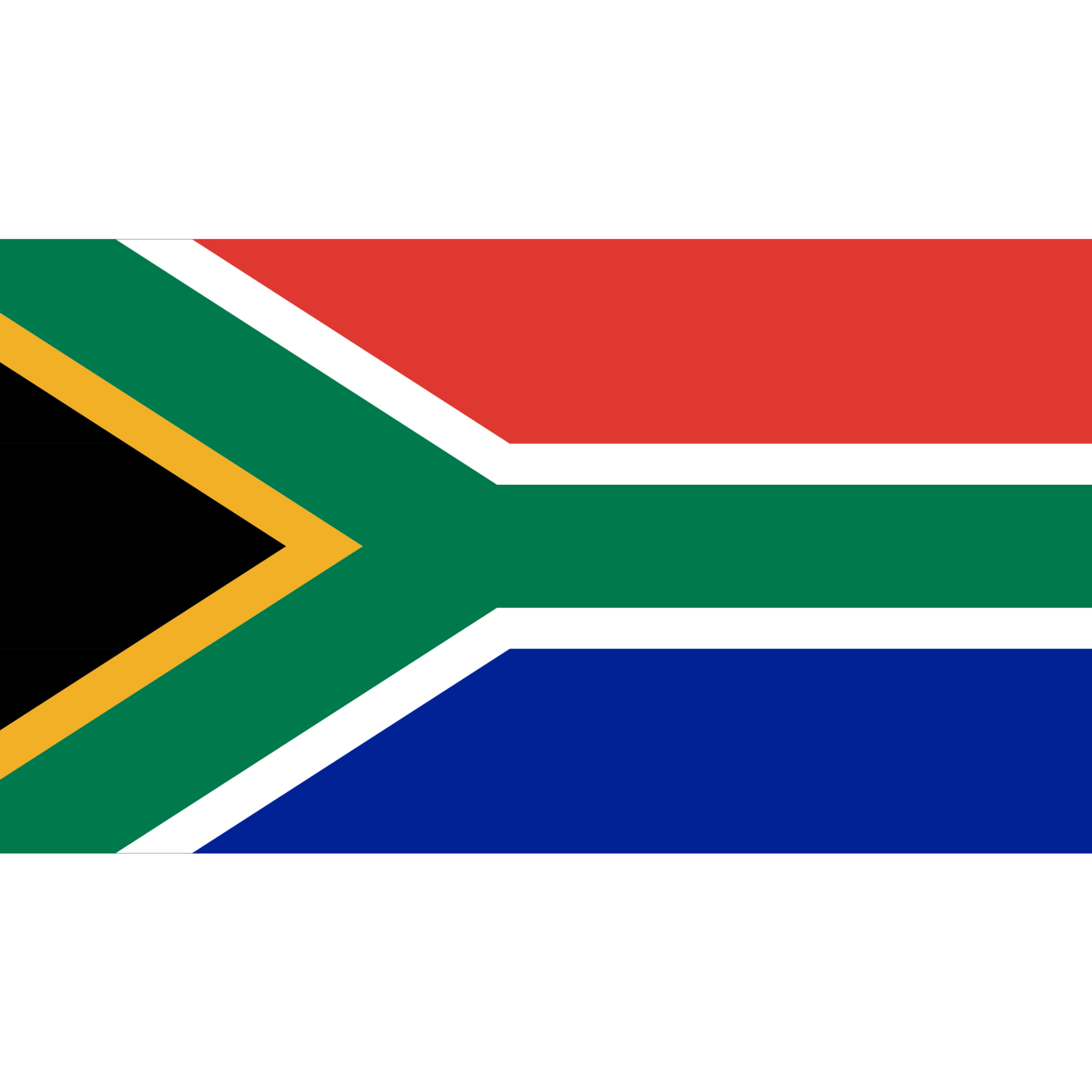 South Africa's flag has 2 horizontal bands in red and blue, separated by a green Y-shape and black triangle on the left.