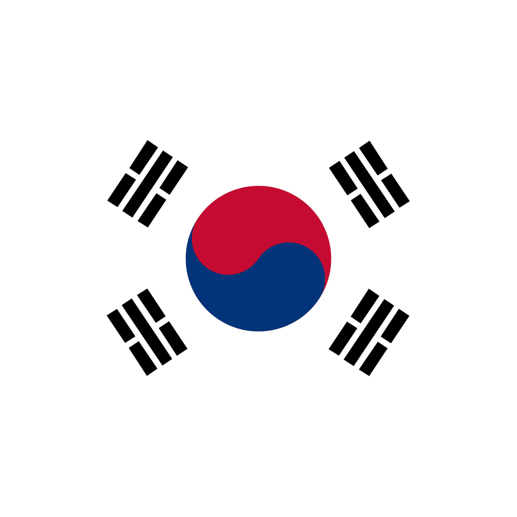 The South Korean flag has a white background, a red and blue circle in the centre, and black parallel lines in each corner.