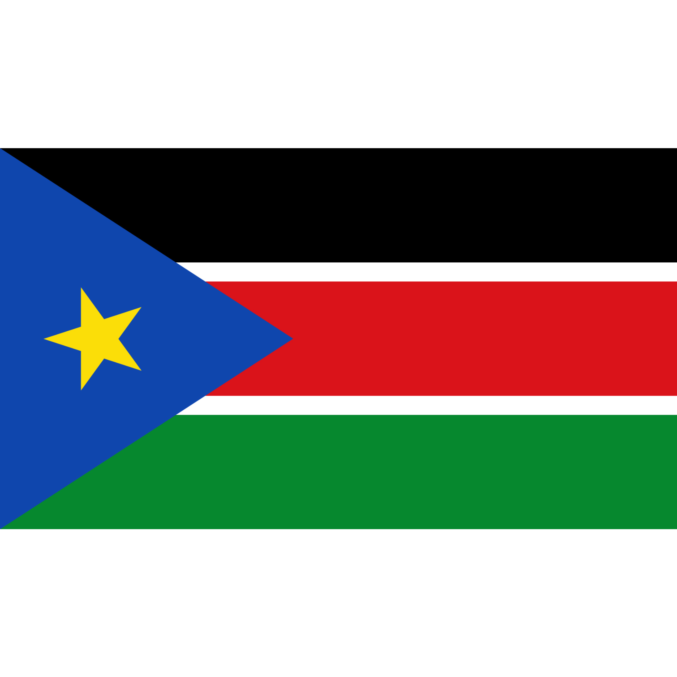 South Sudan's flag has 3 horizontal black, red and green bands divided by white stripes with a blue triangle and gold star.South Sudan's flag has 3 horizontal black, red and green bands divided by white stripes with a blue triangle and gold star.