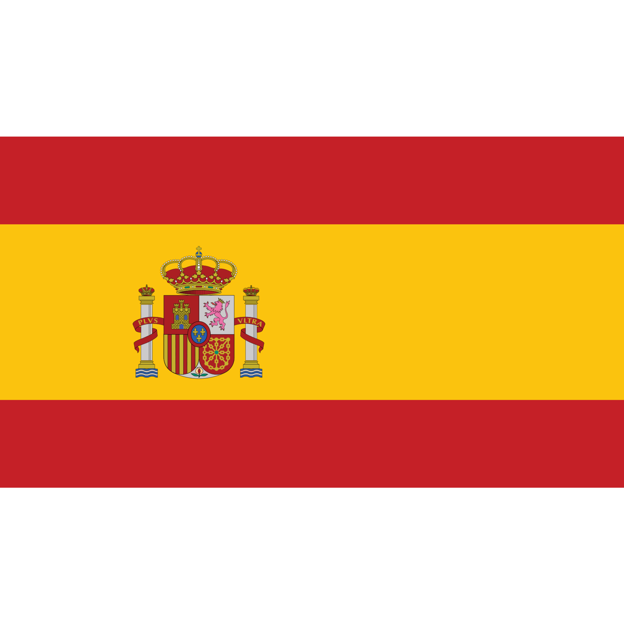 The Spanish flag has three horizontal bands in yellow (double width) and red, with a coat of arms off-centre to the left.
