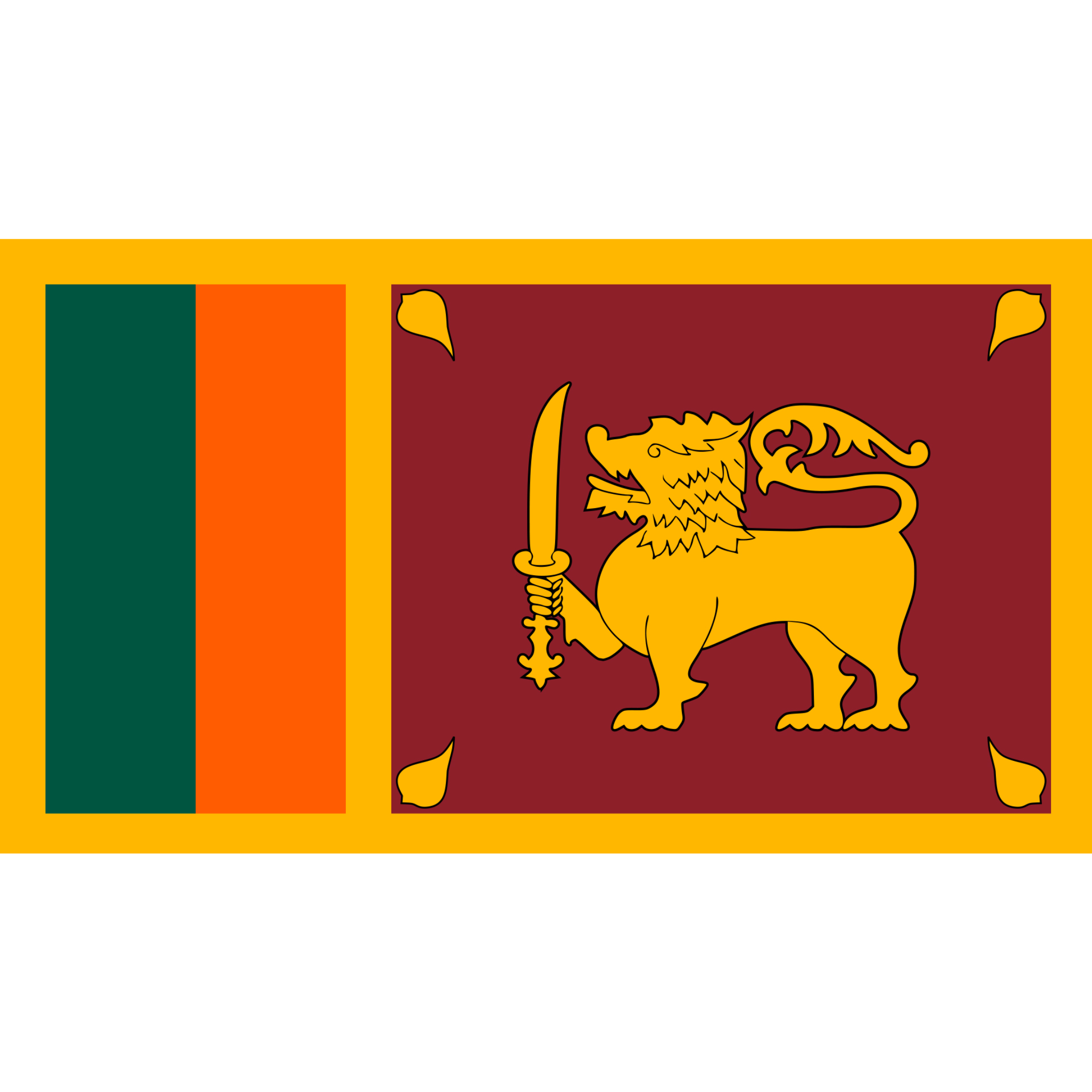 Sri Lanka's flag is a red rectangle with a gold border, 2 green & orange vertical stripes on the left & a lion on the right.