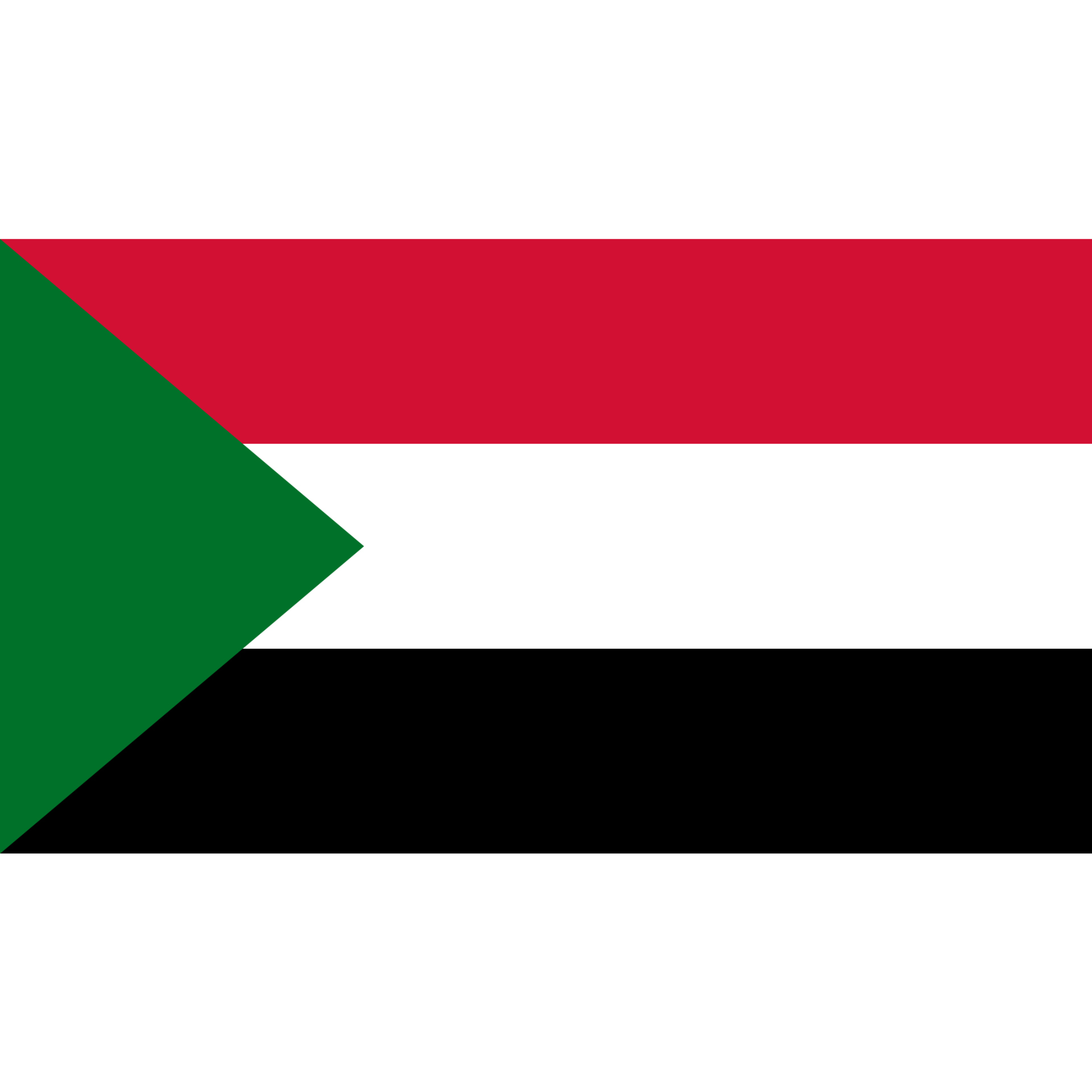 The flag of Sudan has three horizontal bands in red, white and black with a green triangle on the left side.