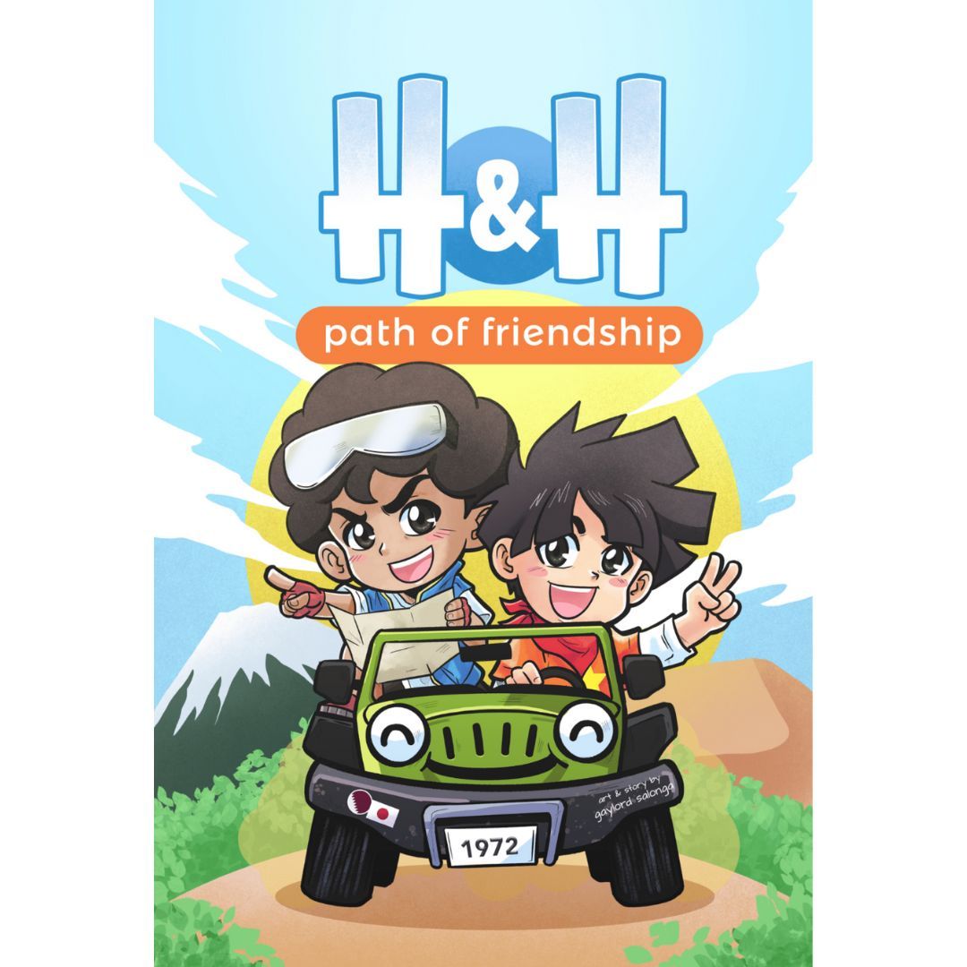 Cartoon illustration of two young boys with brown hair in an open-top jeep with Qatari and Japanese flag stickers
