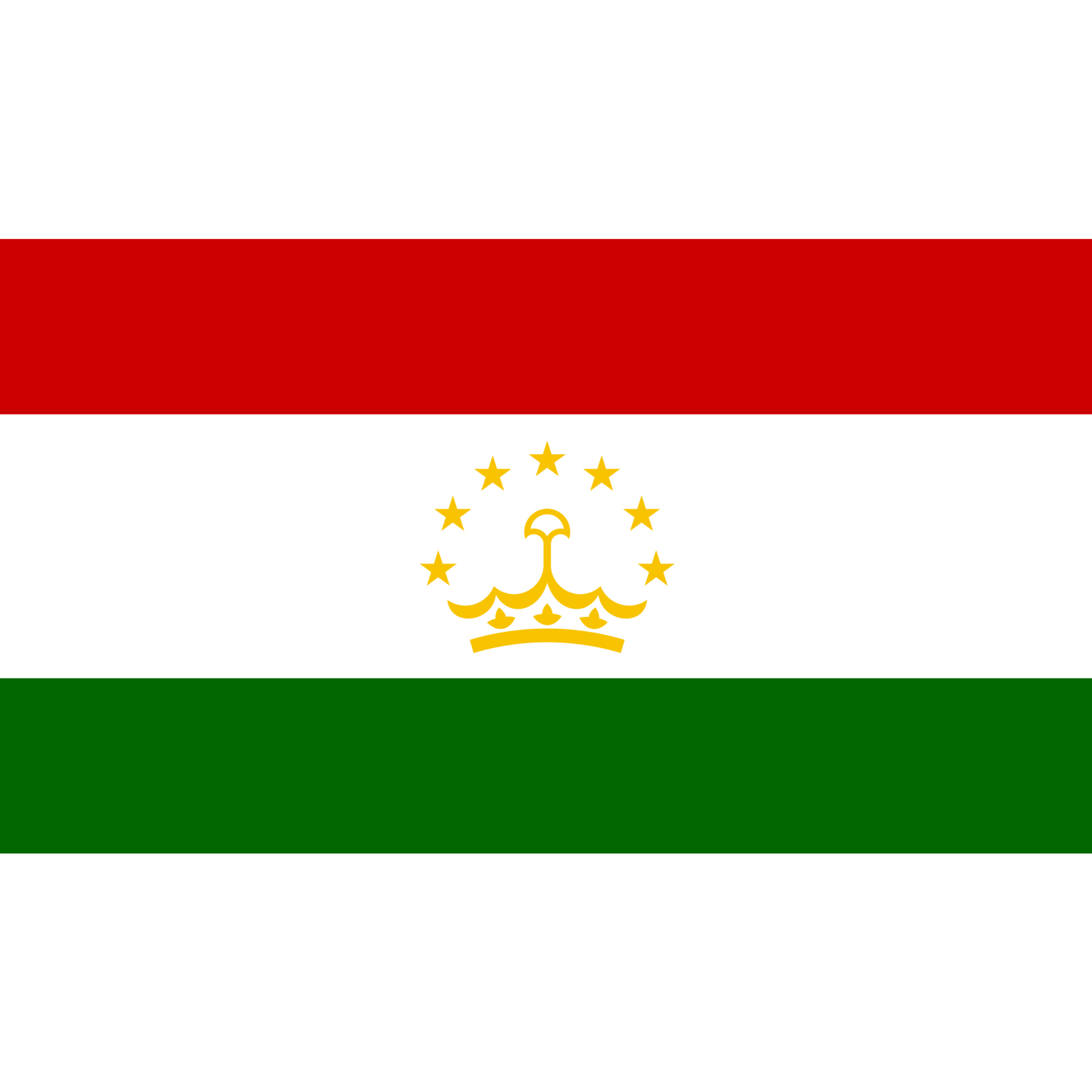 The Tajikistan flag has 3 horizontal red, white and green bands with a yellow crown and arc of seven stars at the centre.