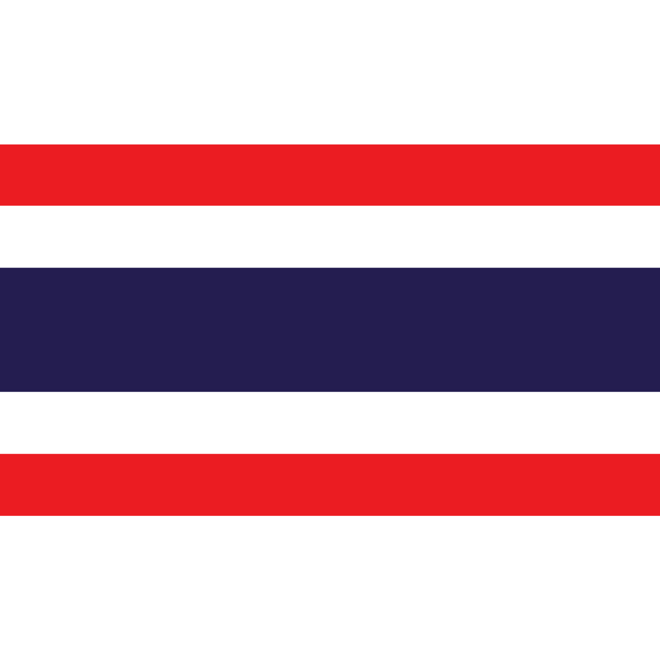 The flag of Thailand consists of 5 horizontal bands in red, white, blue (double width), white and red.