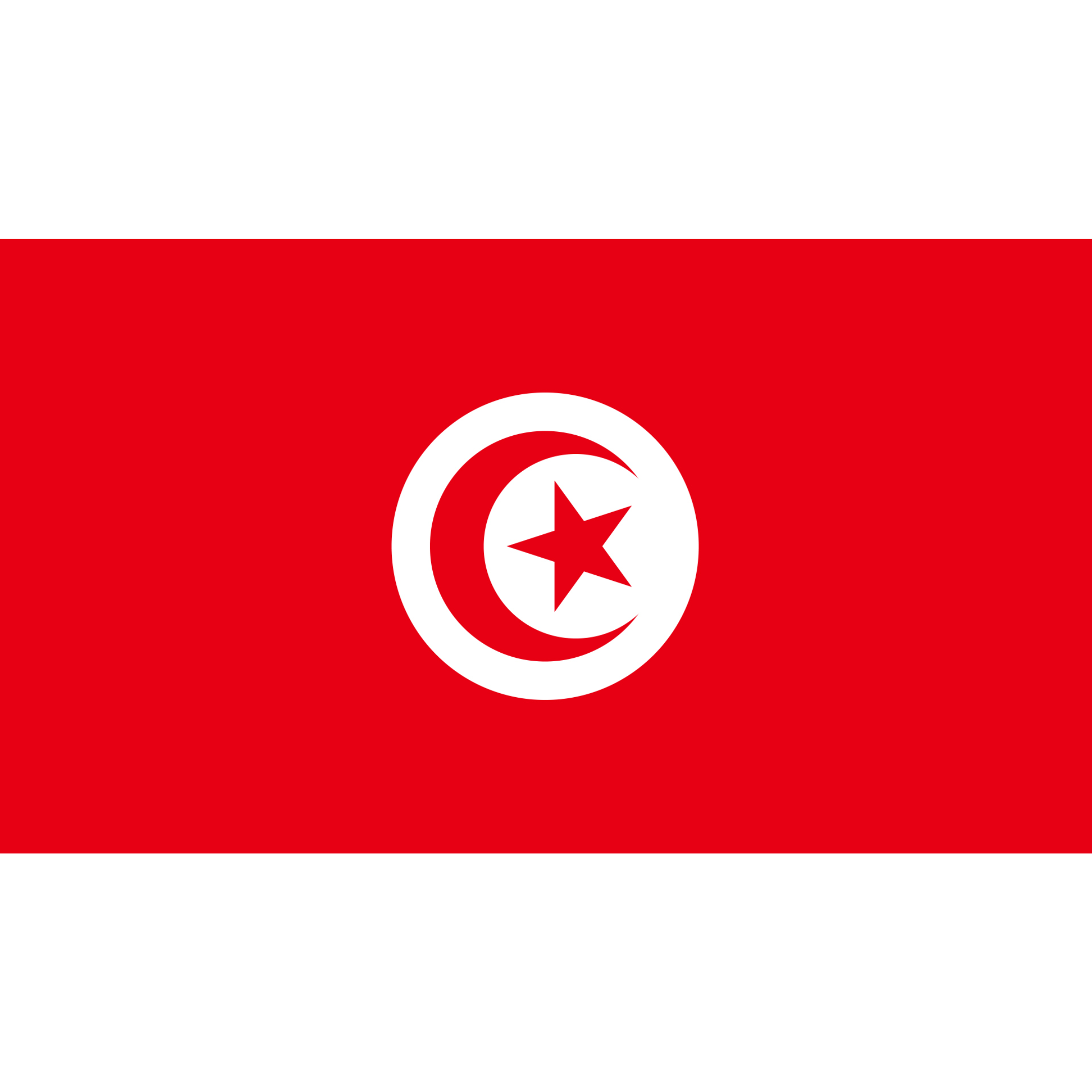 The Tunisia flag has a red background with a white circle in the centre containing a red star surrounded by a red crescent.