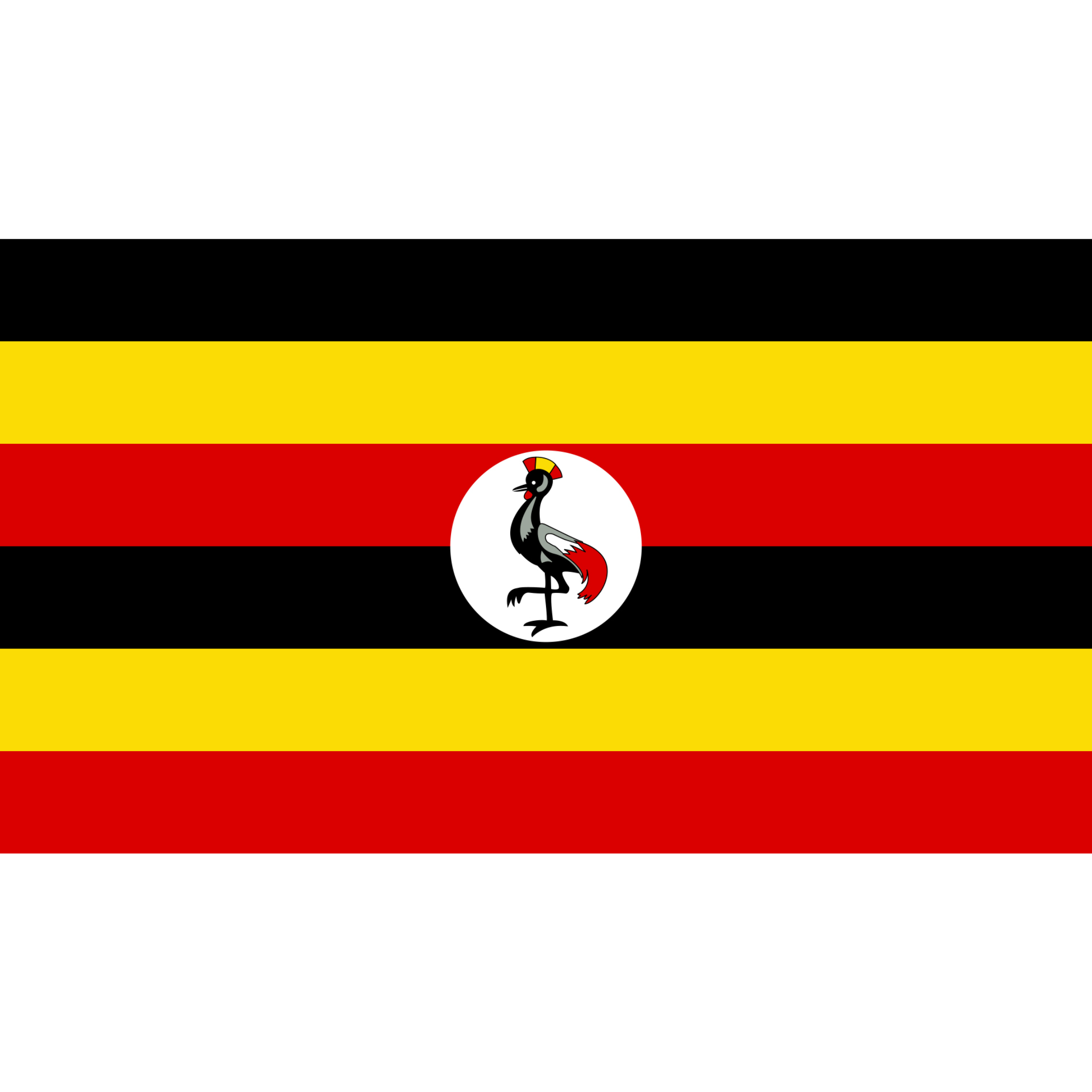 The flag of Uganda has 6 horizontal bands in black, yellow, red, black, yellow and red with a white circle containing a bird.