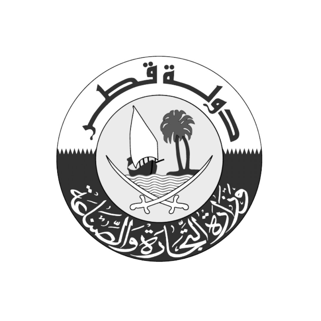 Ministry of Commerce and Industry Qatar Logo with text written in Arabic in a circular shape around an image of a boat.  