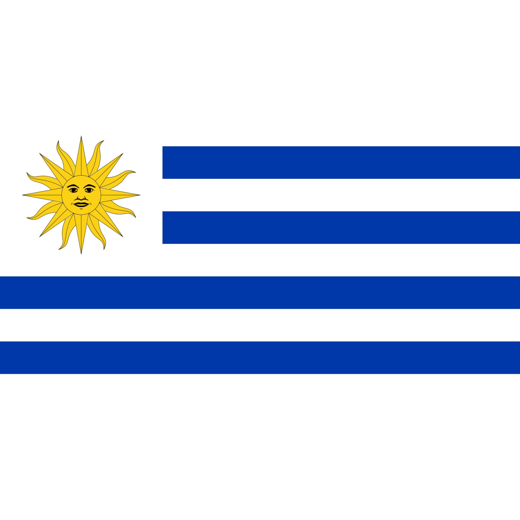 Uruguay's flag has 9 alternating white and blue horizontal stripes and a yellow sun on a white rectangle in the left corner.