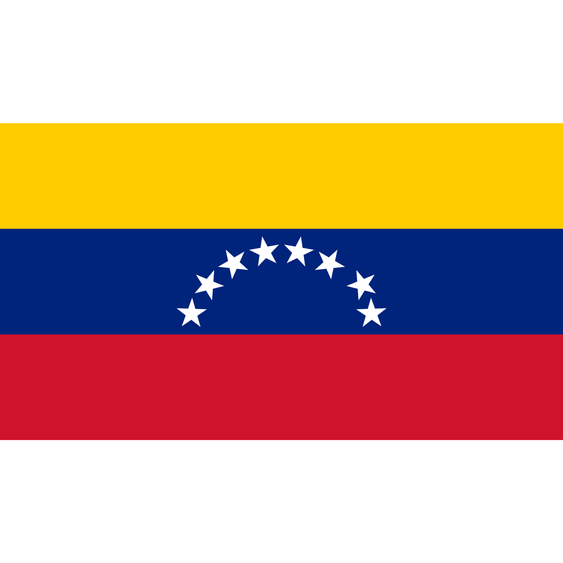 The flag of Venezuela has 3 horizontal stripes in yellow, blue and red with an arc of 8 white stars in the centre. 