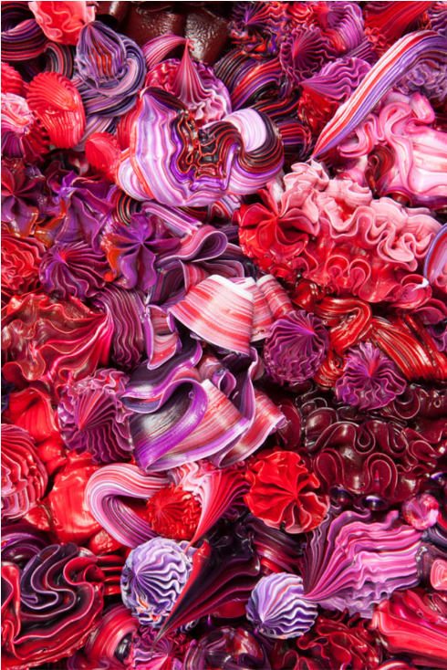 Thick textured artwork with pink & purple sculpted elements from What About the Art: Contemporary Art from China in Doha.
