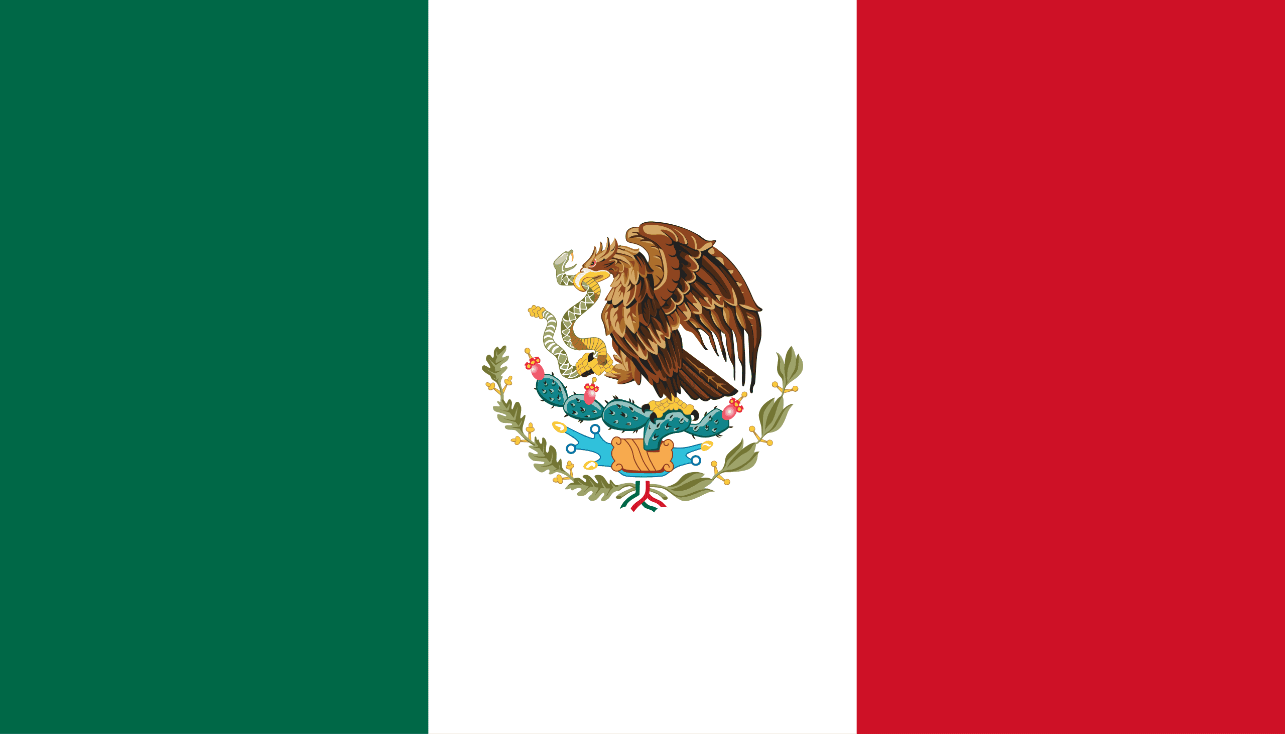 The official flag of Mexico, with three vertical stripes of green, white and red; in the centre is a coat of arms depicting a golden eagle holding a snake in its beak and talons, while perched on a flowering cactus.
