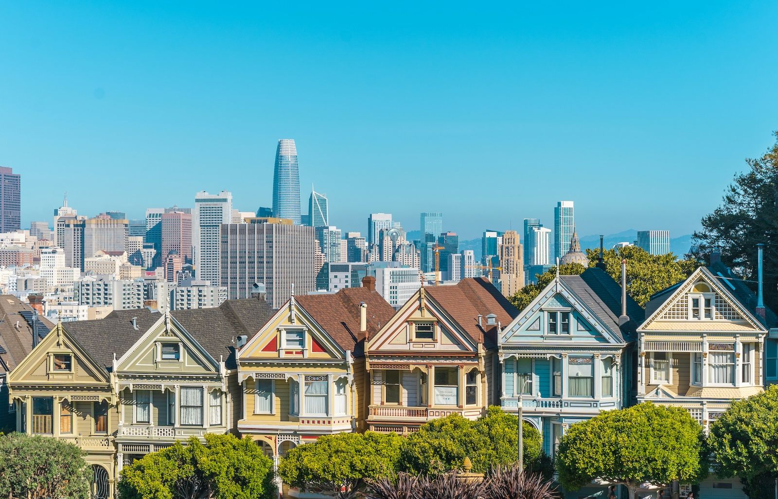 San Francisco skyline with traditional victorian houses in the foreground