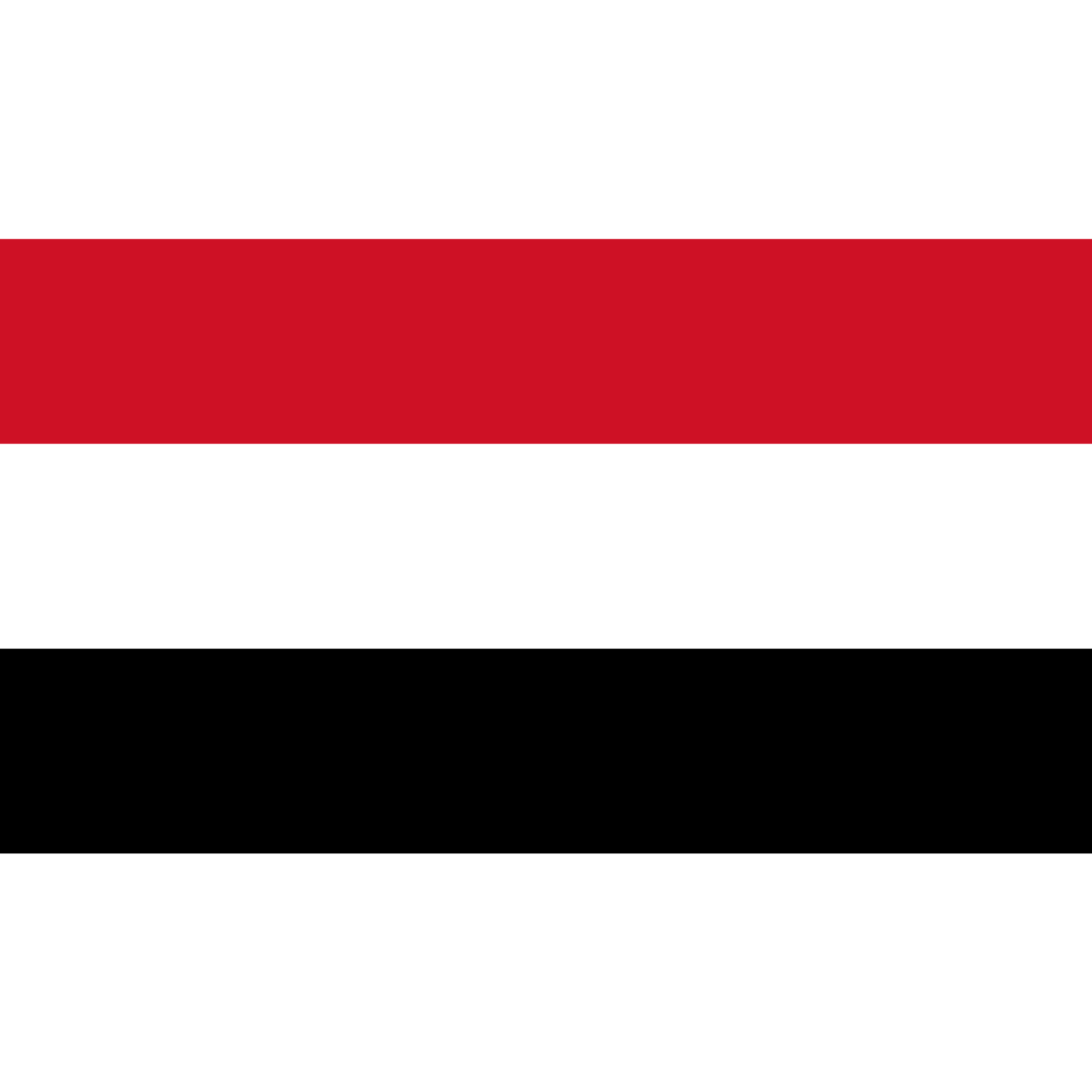 The Yemen flag is made up of three equal horizontal red, white, and black bands.