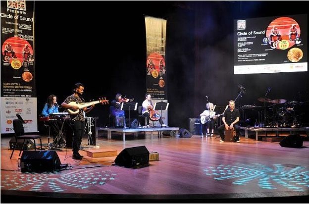 Band performs on a stage during the British Festival during the Qatar-Uk 2013 Year of Culture.