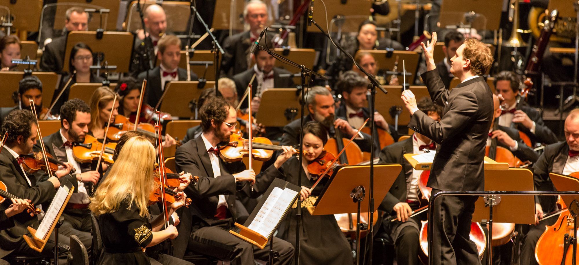 A symphony orchestra plays classical music during the Qatar-Germany 2017 Opening Ceremony concert.