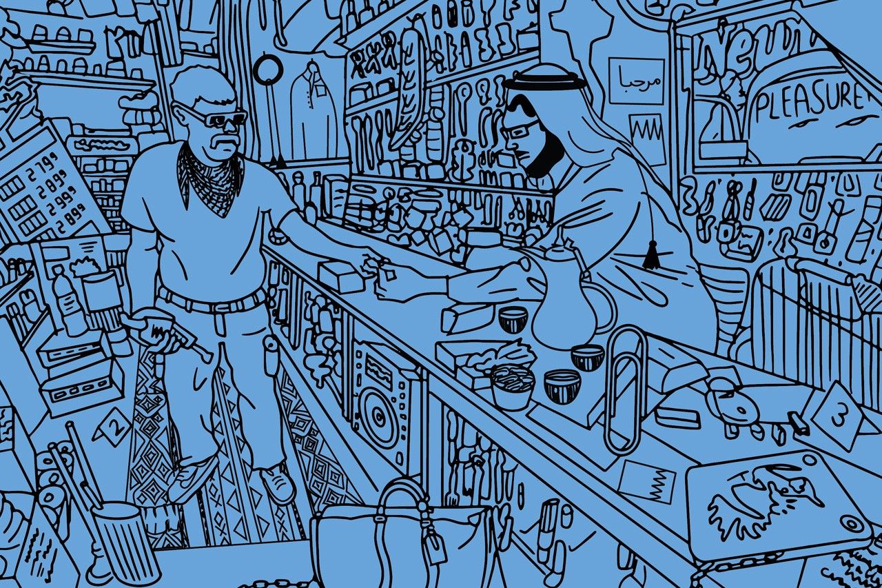 A cartoon drawing of two men at a counter in black on a blue background for the poster of Virgil Abloh's Exhibition in Doha.