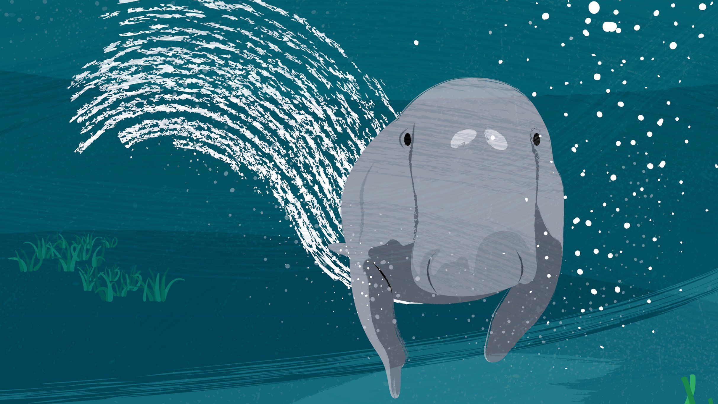 A stylised  cartoon illustration of a dugong swimming in the sea.