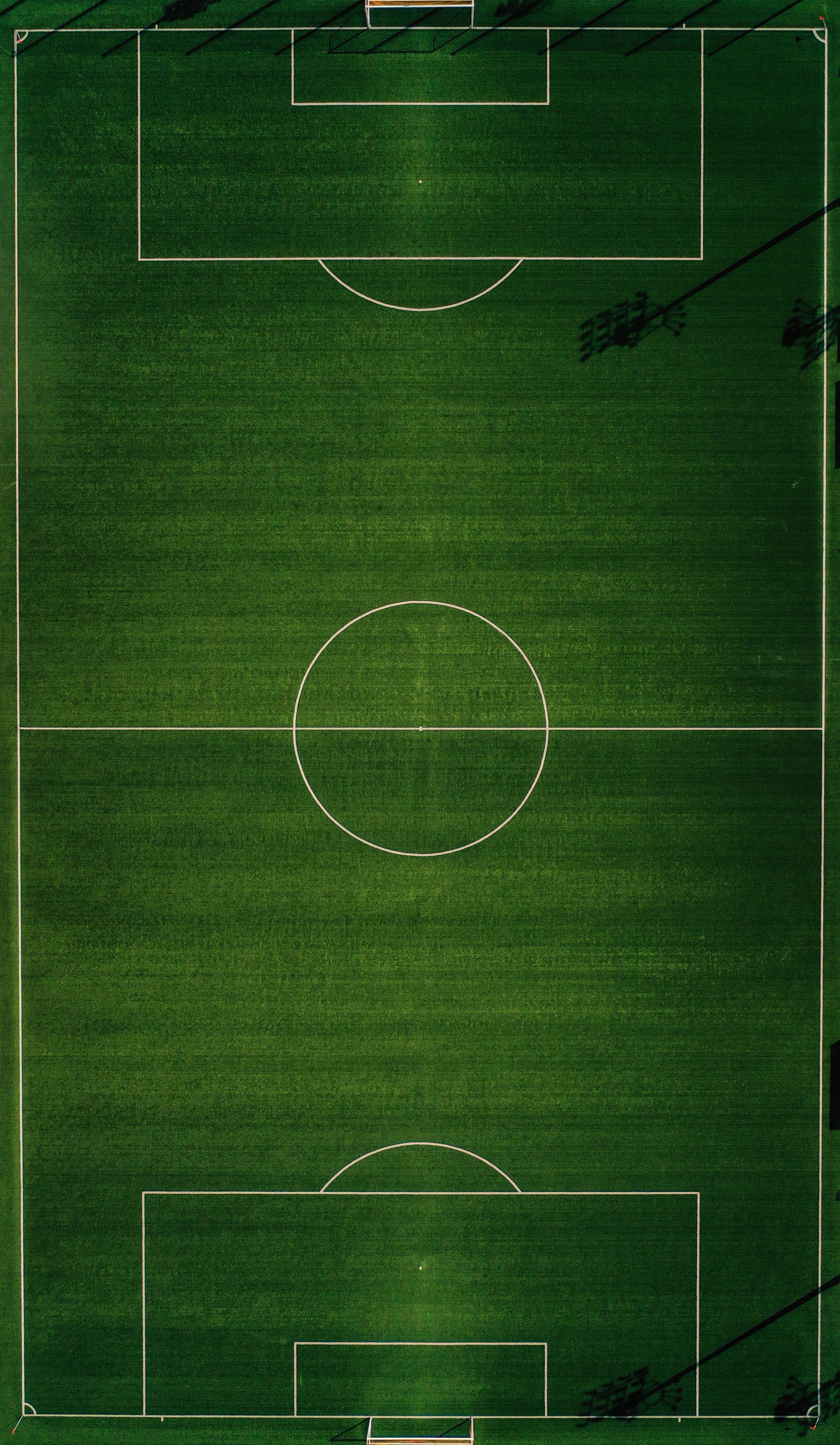 An astroturf football pitch seen from a birds eye view, with white pitch markings and a goal at either end.